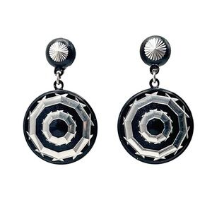 Vintage 60s West Germany Art Deco Crystal Black Statement Disc Drop Earrings